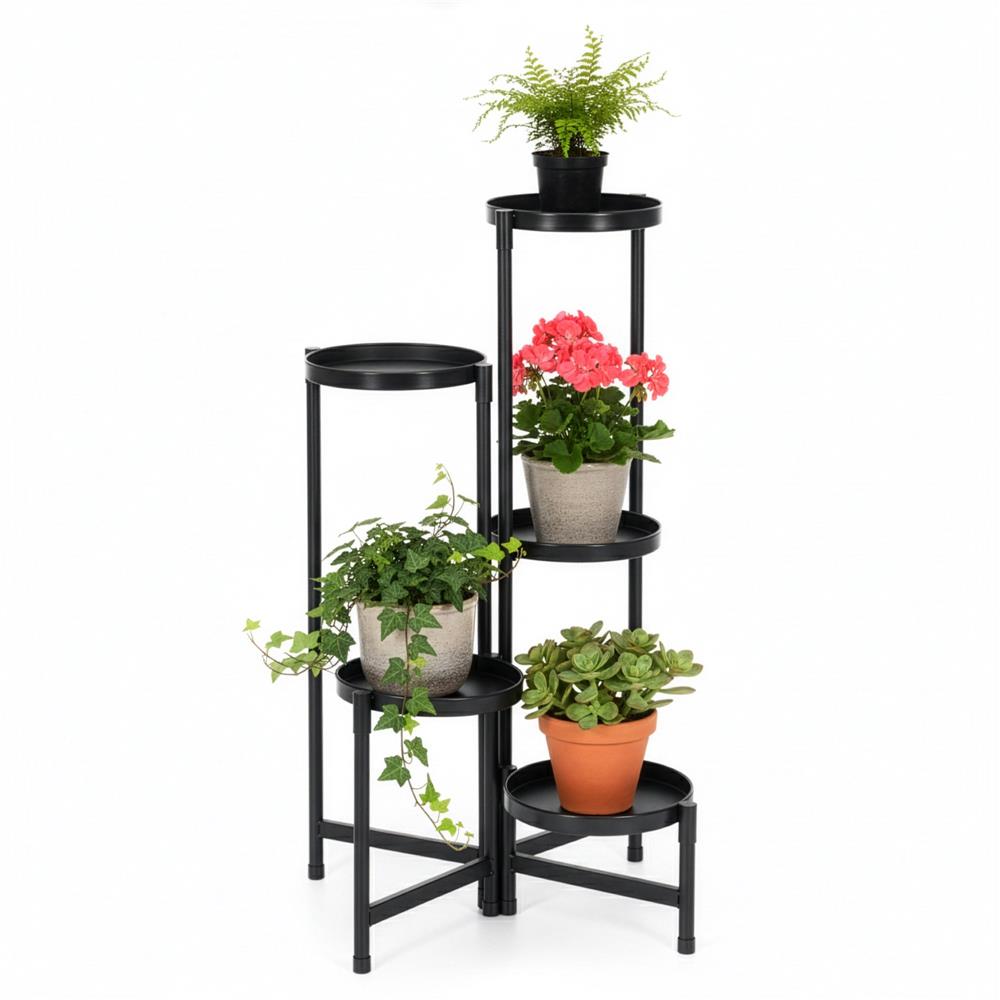 Suport metalic pentru flori cu 5 niveluri, structura pliabila, 48x48x79 cm, negru