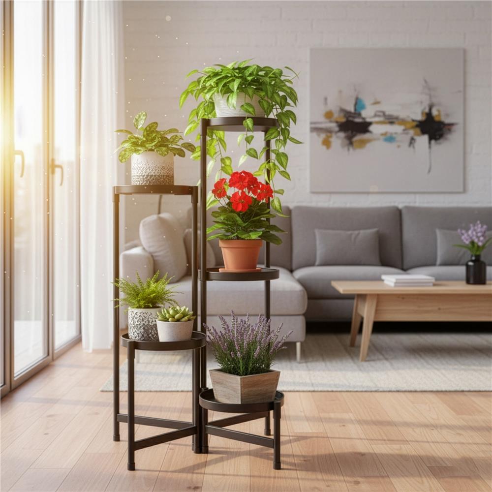 Suport metalic pentru flori cu 5 niveluri, structura pliabila, 48x48x79 cm, negru