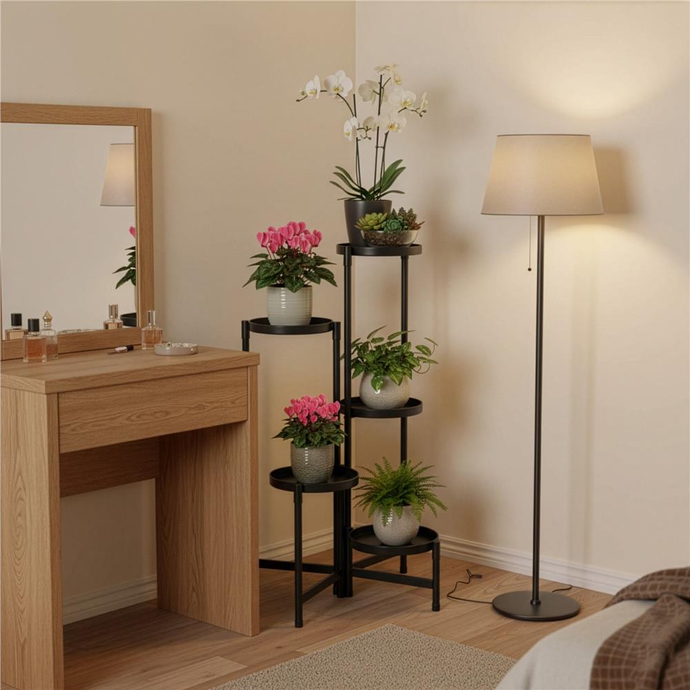 Suport metalic pentru flori cu 5 niveluri, structura pliabila, 48x48x79 cm, negru