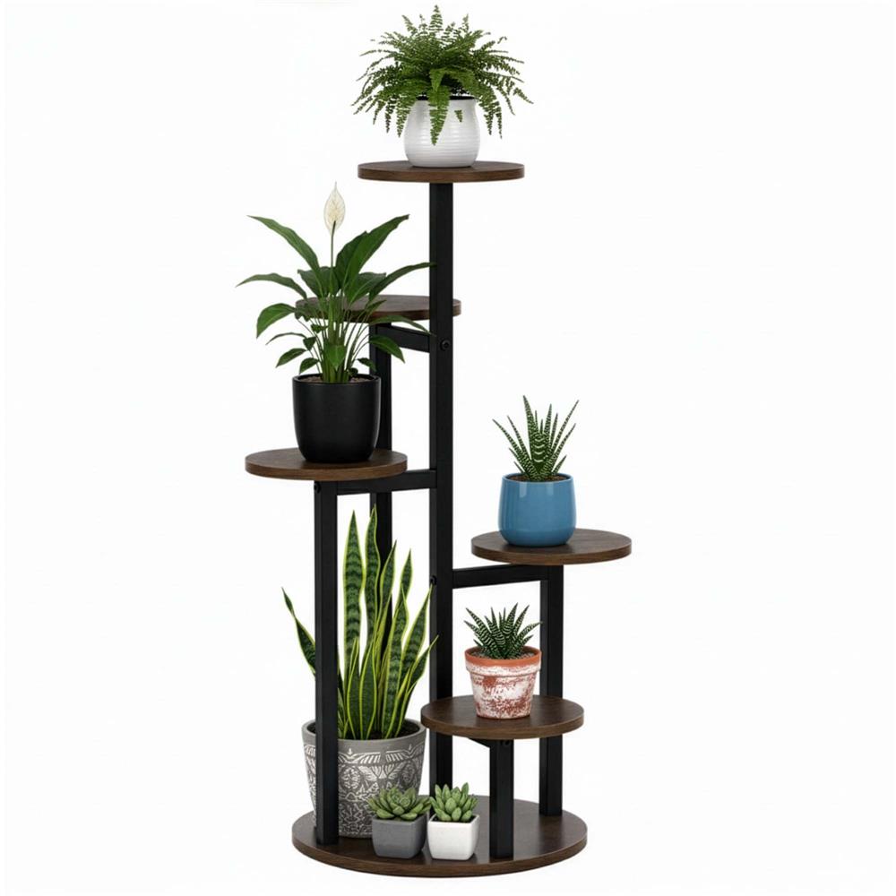 Suport pentru flori cu 5 polite din lemn, structura metal verticala, 33x33x86 cm, negru