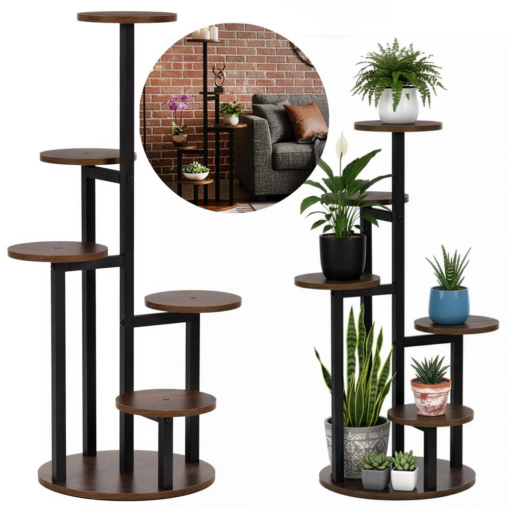 Suport pentru flori cu 5 polite din lemn, structura metal verticala, 33x33x86 cm, negru