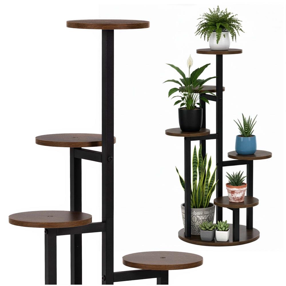 Suport pentru flori cu 5 polite din lemn, structura metal verticala, 33x33x86 cm, negru