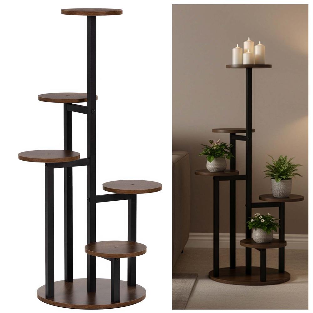 Suport pentru flori cu 5 polite din lemn, structura metal verticala, 33x33x86 cm, negru