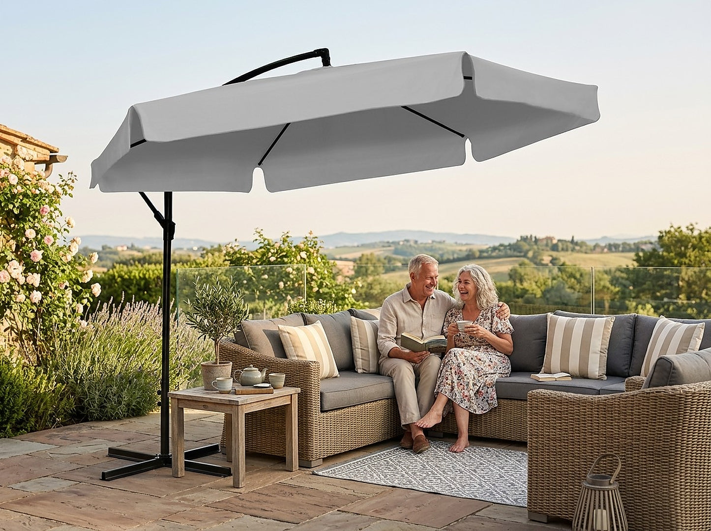 Umbrela gradina cu inclinare reglabila, cupola cu protectie UV, husa protectie, diametru 300 cm, gri