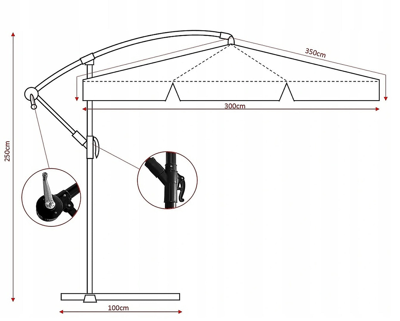 Umbrela gradina tip banana cu mecanism inclinare, impermeabila, diametru 300 cm, husa inclusa, bej