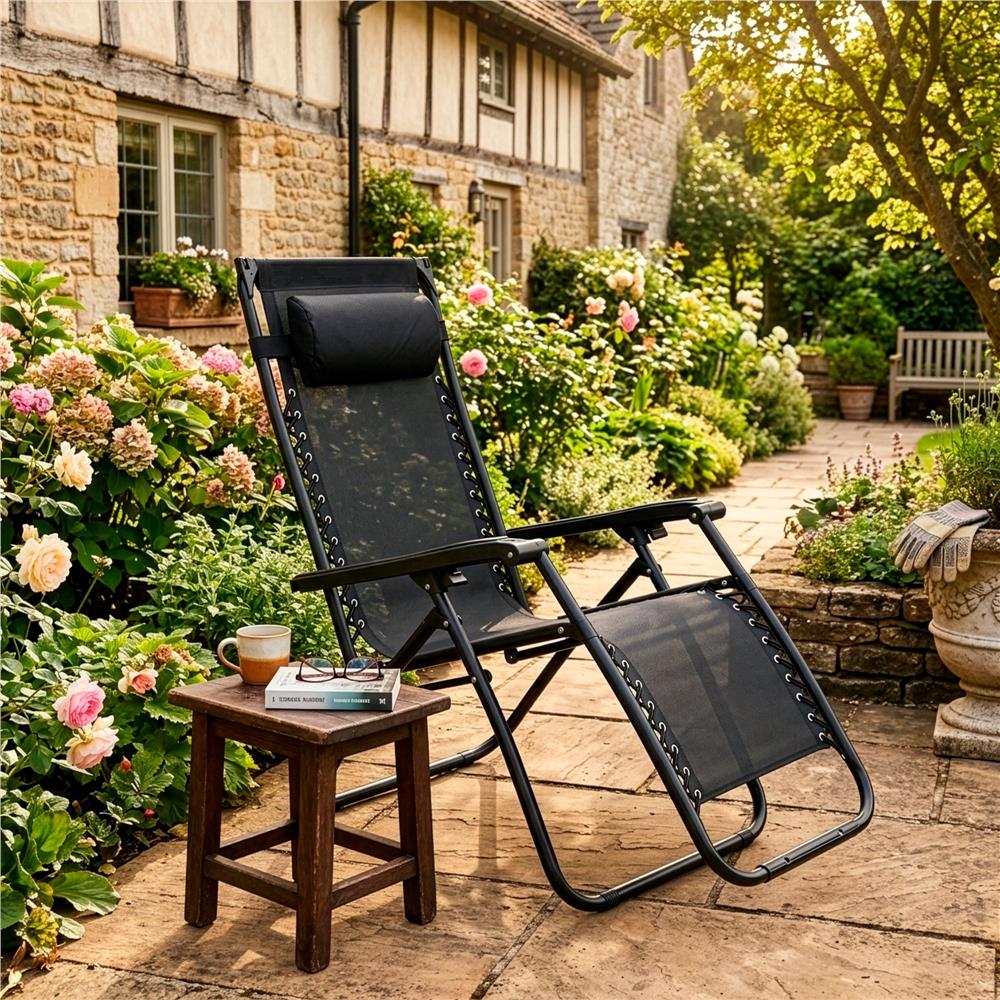 Sezlong pliabil pentru gradina cu copertina reglabila, masuta laterala si tetiera, cadru din otel, 175x77x127 cm, negru