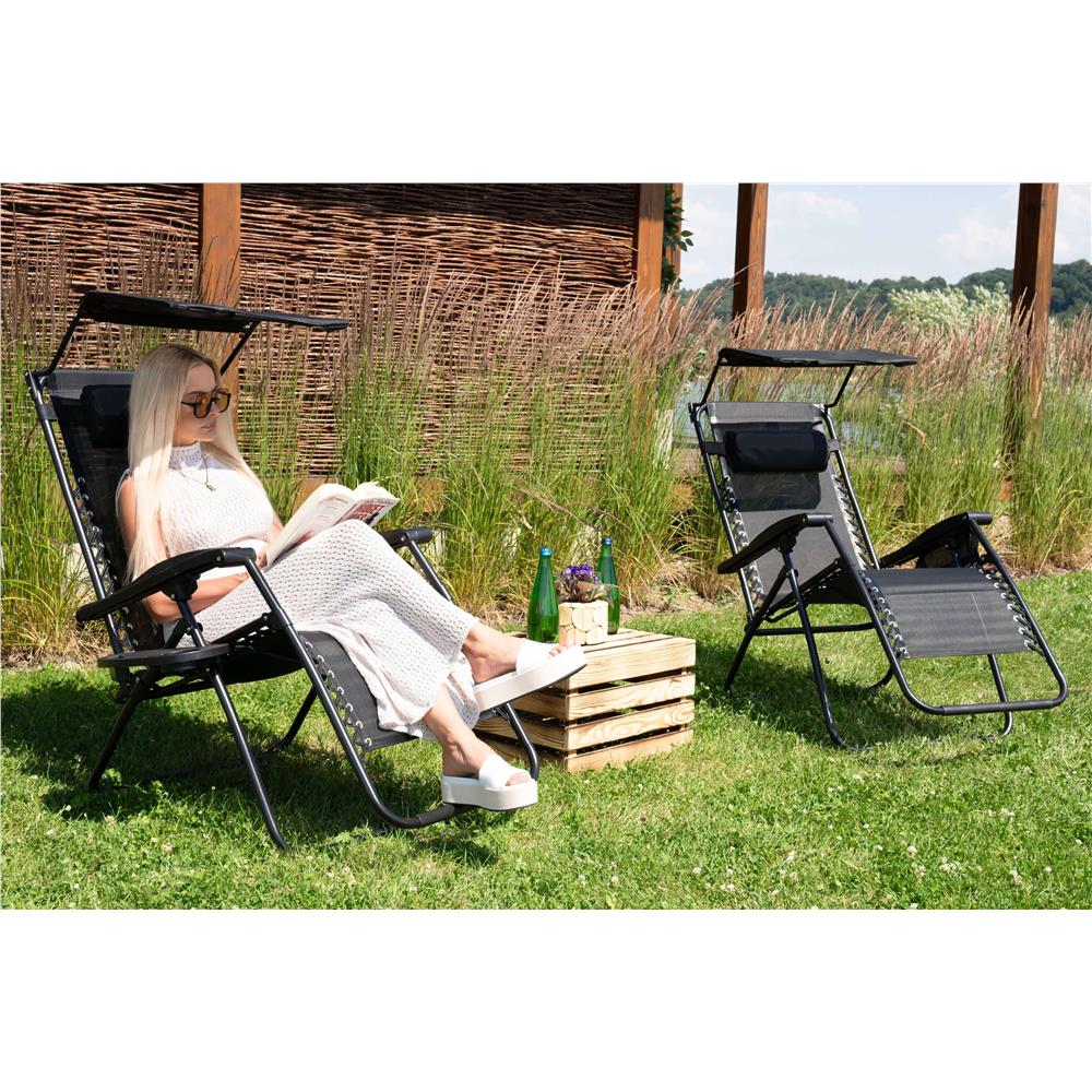 Sezlong pliabil pentru gradina cu copertina reglabila, masuta laterala si tetiera, cadru din otel, 175x77x127 cm, negru