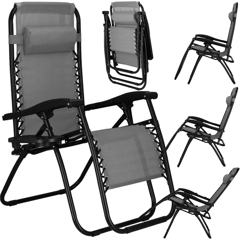Sezlong scaun pliant plaja sau gradina, Siesta, gravitatie zero, cu tetiera, 175x67x110 cm, gri