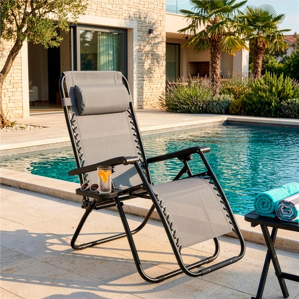 Sezlong scaun pliant plaja sau gradina, Siesta, gravitatie zero, cu tetiera, 175x67x110 cm, gri