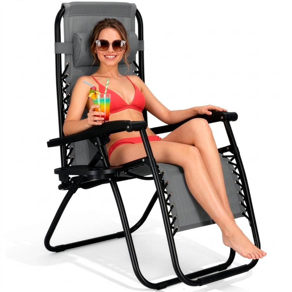 Sezlong scaun pliant plaja sau gradina, Siesta, gravitatie zero, cu tetiera, 175x67x110 cm, gri