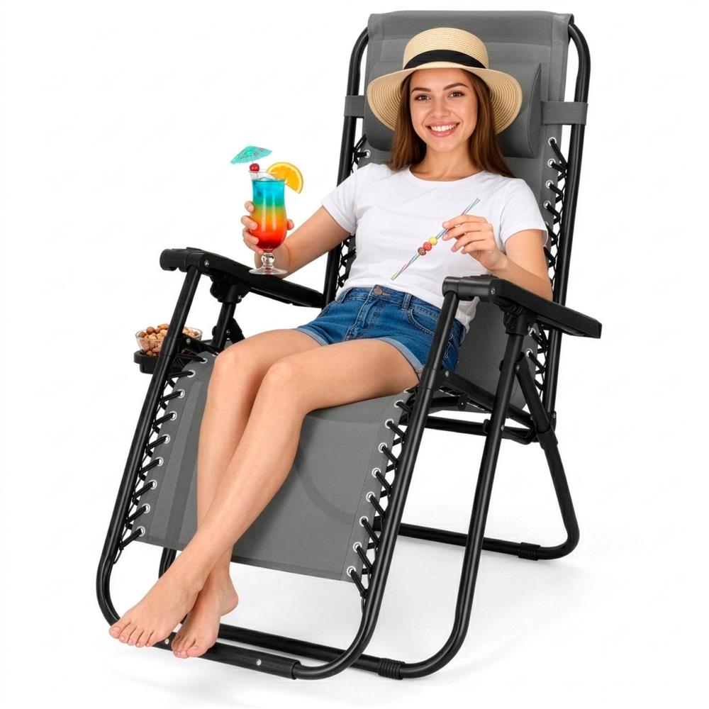 Sezlong scaun pliant plaja sau gradina, Siesta, gravitatie zero, cu tetiera, 175x67x110 cm, gri