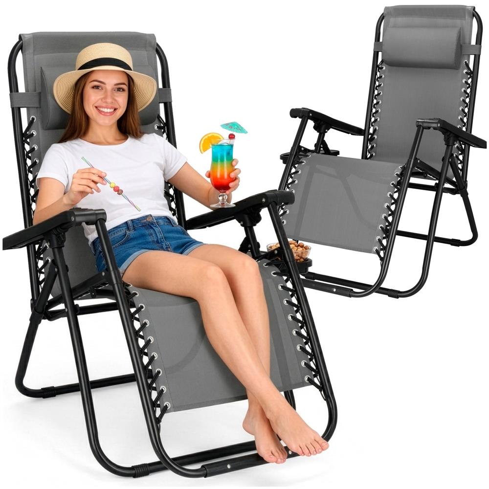 Sezlong scaun pliant plaja sau gradina, Siesta, gravitatie zero, cu tetiera, 175x67x110 cm, gri