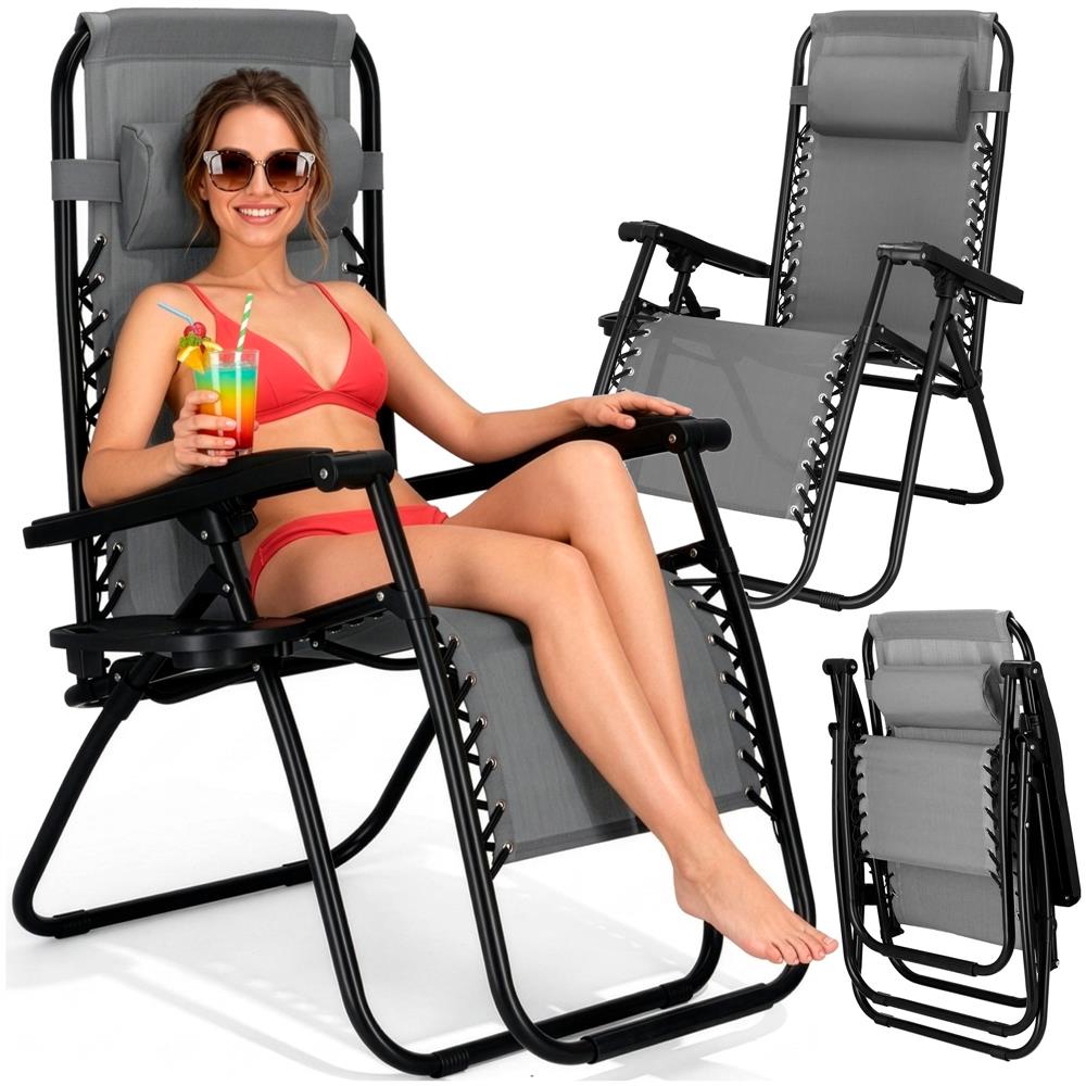 Sezlong scaun pliant plaja sau gradina, Siesta, gravitatie zero, cu tetiera, 175x67x110 cm, gri