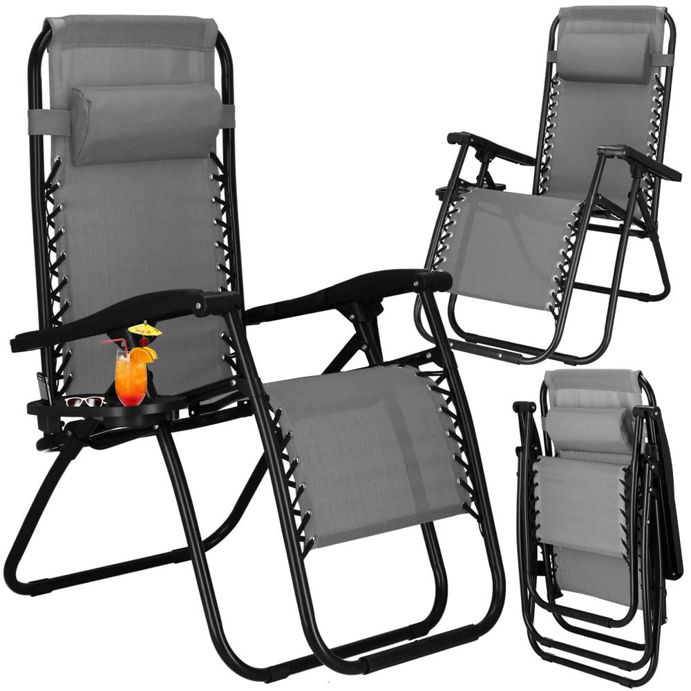 Sezlong scaun pliant plaja sau gradina, Siesta, gravitatie zero, cu tetiera, 175x67x110 cm, gri