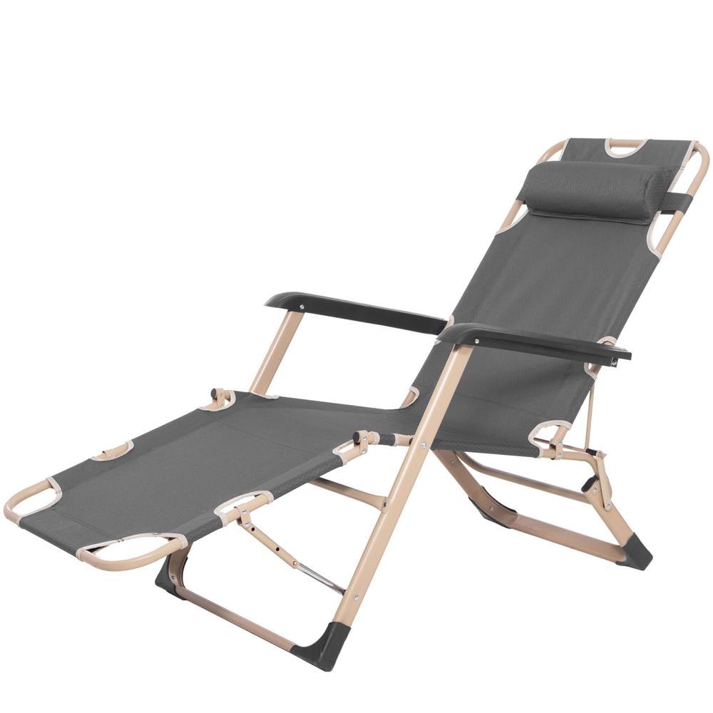 Sezlong pliabil cu perna si suport picioare reglabil, 176x66x92 cm, gri