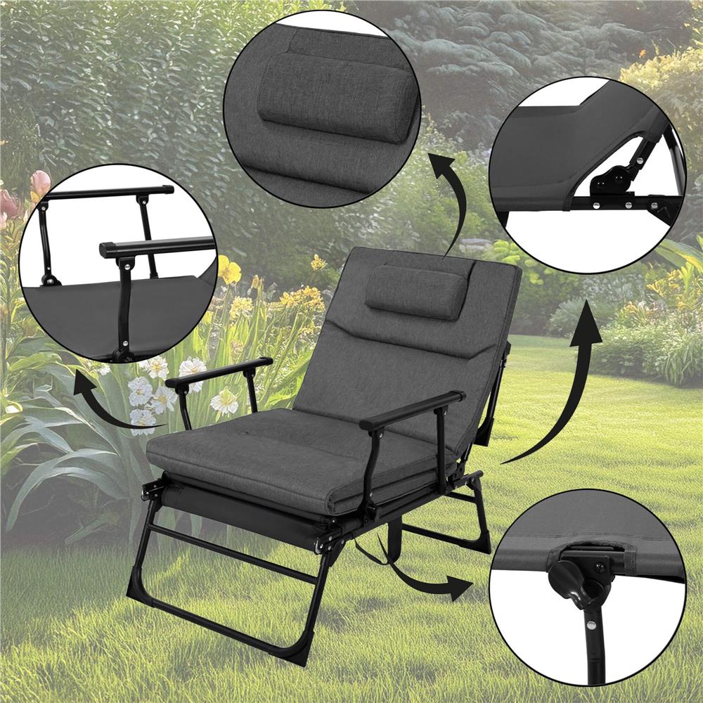 Fotoliu pliabil 2 in 1 tip sezlong, cu 5 pozitii, structura metalica si saltea inclusa, 180x58x89 cm, gri