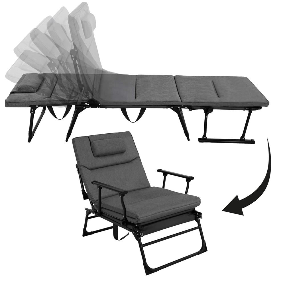 Fotoliu pliabil 2 in 1 tip sezlong, cu 5 pozitii, structura metalica si saltea inclusa, 180x58x89 cm, gri