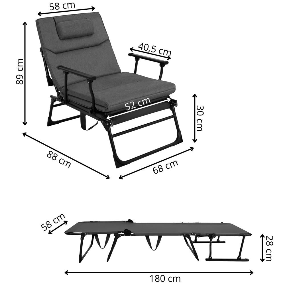 Fotoliu pliabil 2 in 1 tip sezlong, cu 5 pozitii, structura metalica si saltea inclusa, 180x58x89 cm, gri