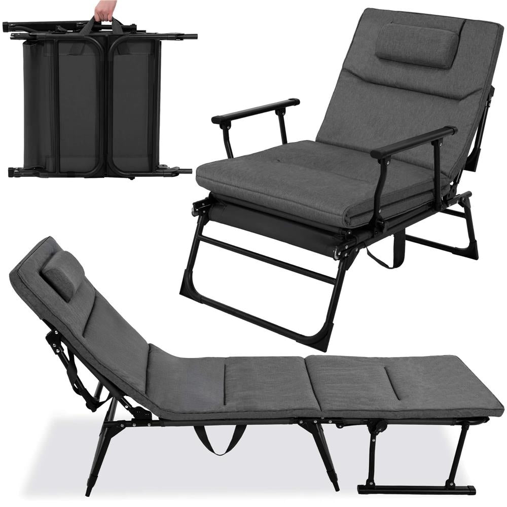 Fotoliu pliabil 2 in 1 tip sezlong, cu 5 pozitii, structura metalica si saltea inclusa, 180x58x89 cm, gri