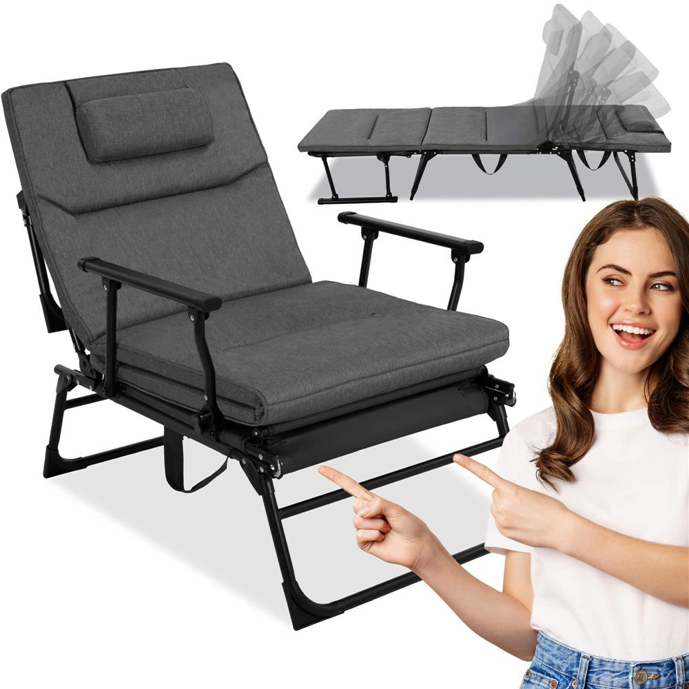 Fotoliu pliabil 2 in 1 tip sezlong, cu 5 pozitii, structura metalica si saltea inclusa, 180x58x89 cm, gri