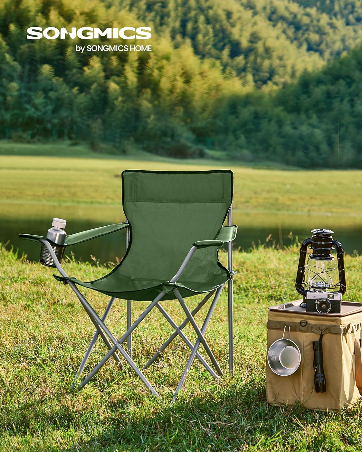 SONGMICS Set 2 scaune pliabile camping cu suport bauturi, husa transport, 52x84x81 cm, 120 kg, verde