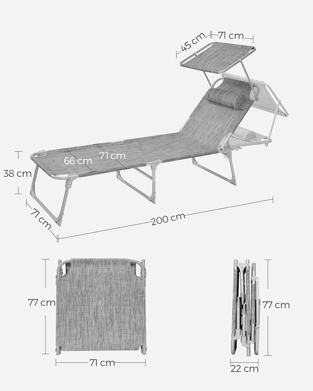 SONGMICS Sezlong pliabil, cu parasolar si tetiera, spatar reglabil in 4 pozitii, maxim 150kg, 200x71x38 cm, gri