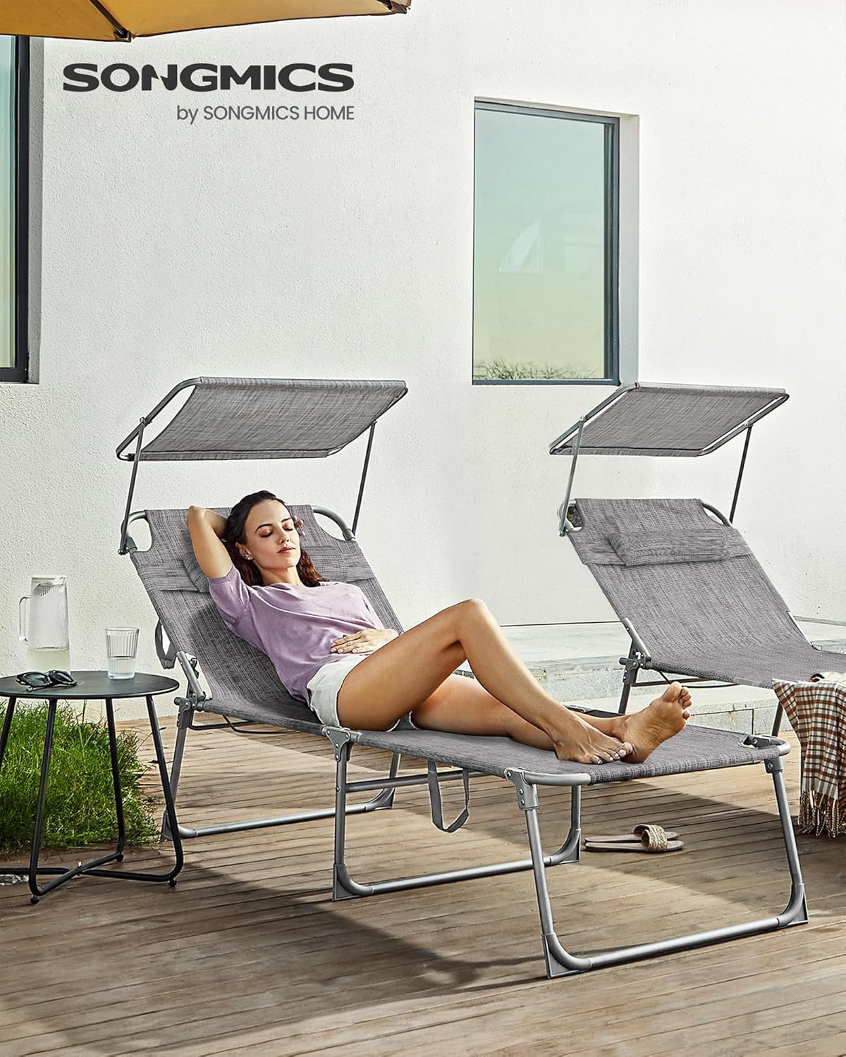 SONGMICS Sezlong pliabil, cu parasolar si tetiera, spatar reglabil in 4 pozitii, maxim 150kg, 200x71x38 cm, gri