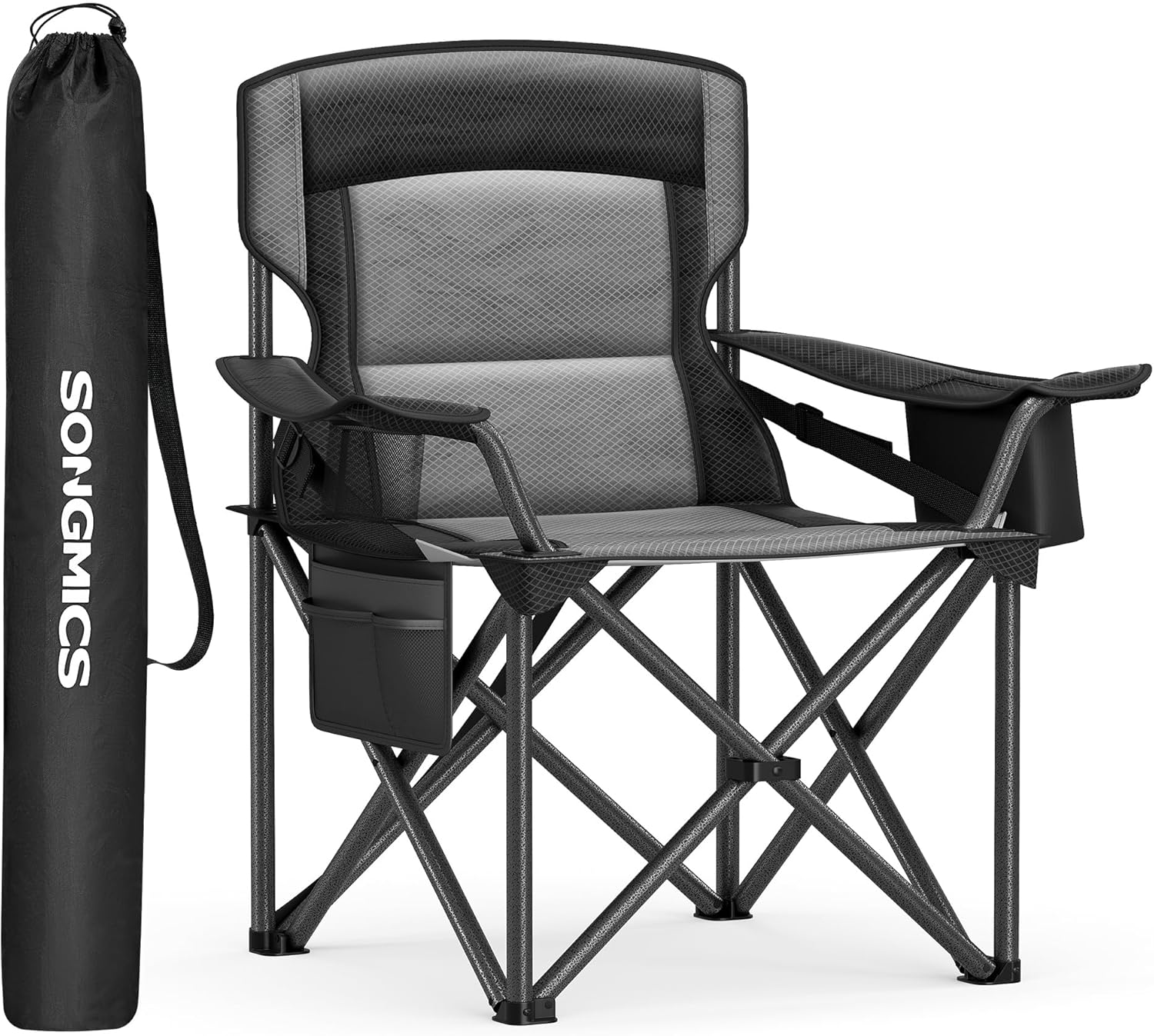 SONGMICS Scaun pliabil camping premium cu spatar inalt si sezut buretat, suport bauturi si buzunar termo, 200 kg, 63x95x100 cm, negru