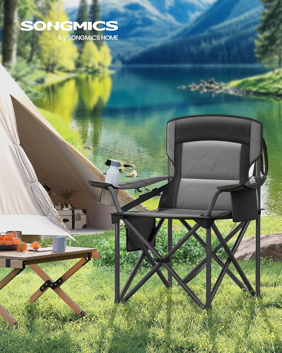 SONGMICS Scaun pliabil camping premium cu spatar inalt si sezut buretat, suport bauturi si buzunar termo, 200 kg, 63x95x100 cm, negru