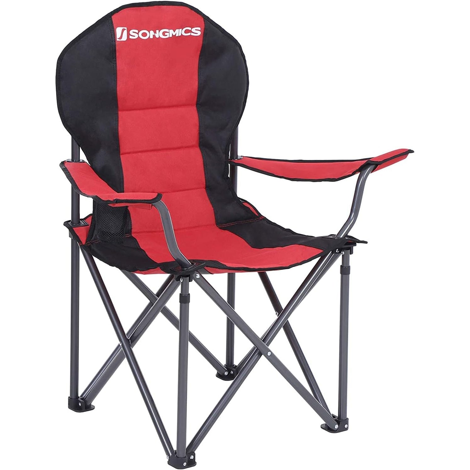 SONGMICS Scaun pliabil camping cu sezut buretat, suport bauturi, husa transport, 250 kg, 90x55x102 cm, rosu