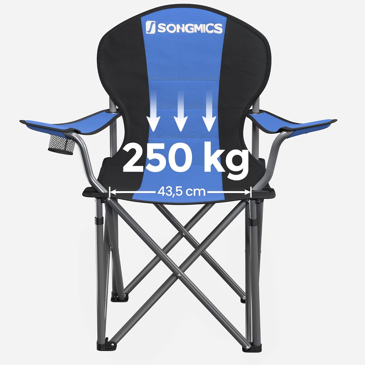 SONGMICS Scaun pliabil camping cu sezut buretat, suport bauturi, husa transport, 250 kg, 90x55x102 cm, albastru