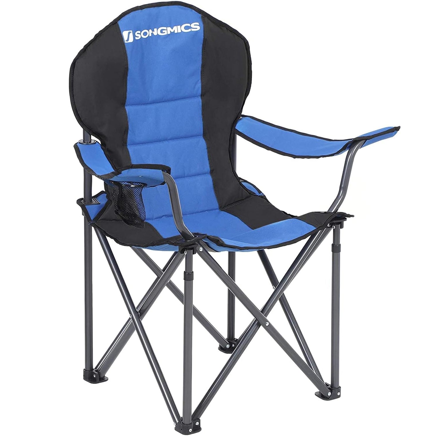 SONGMICS Scaun pliabil camping cu sezut buretat, suport bauturi, husa transport, 250 kg, 90x55x102 cm, albastru