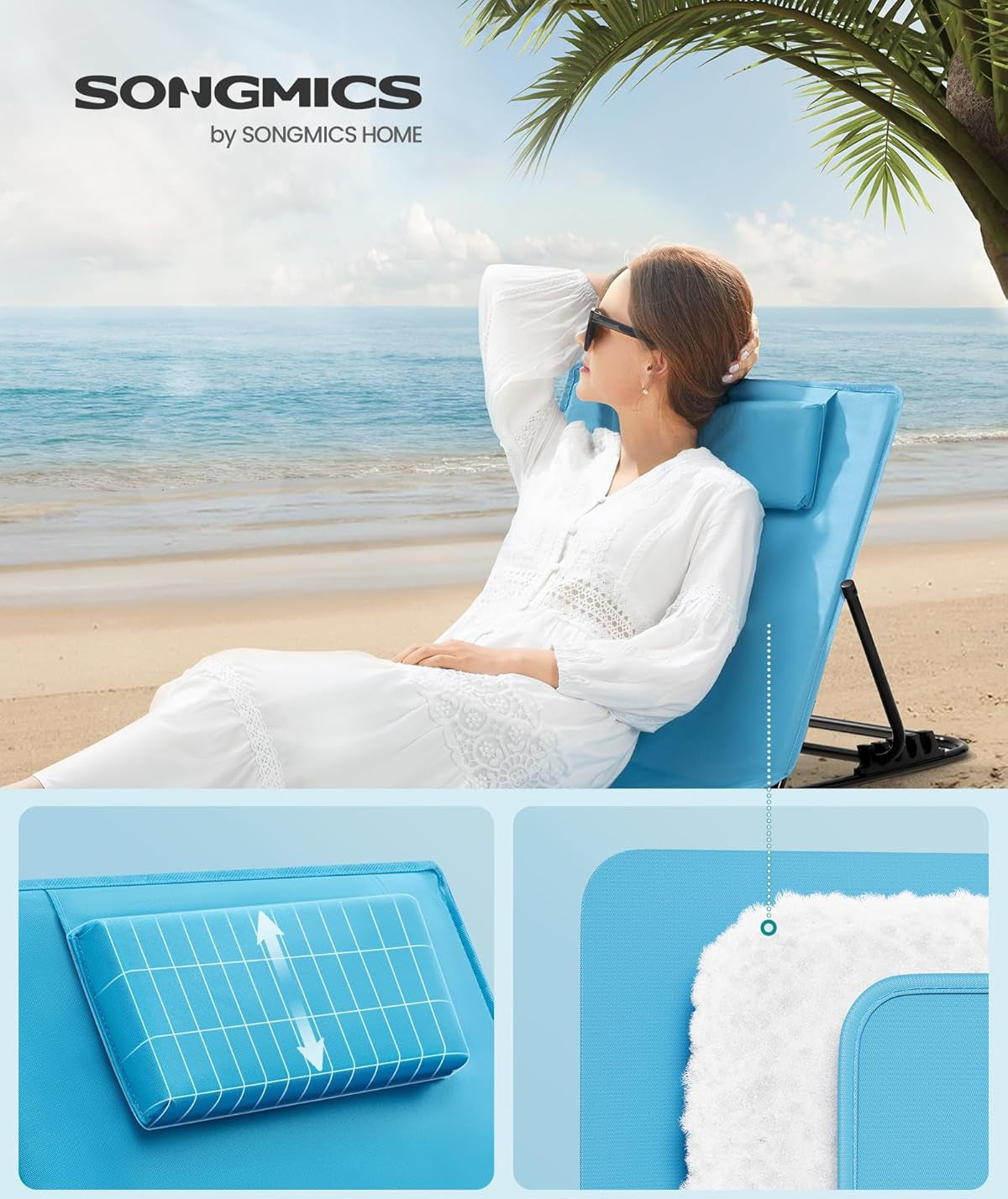 SONGMICS Sezlong plaja pliabil, spatar reglabil in 4 pozitii, tetiera, buzunar depozitare, 158x55 cm, albastru deschis