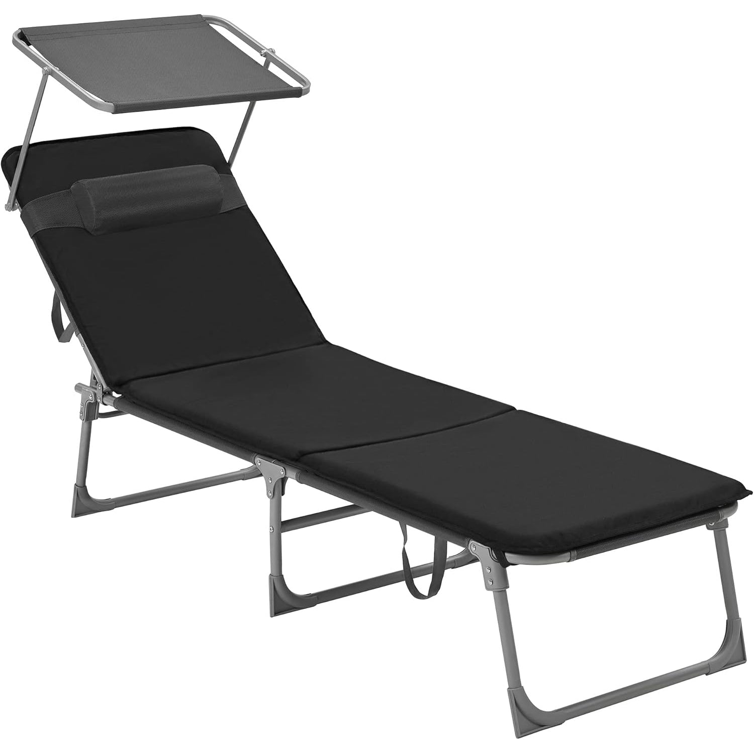 SONGMICS Sezlong pliabil cu saltea, parasolar si tetiera, spatar reglabil 4 pozitii, cadru metalic, 193x53x29 cm, maxim 150 kg, negru