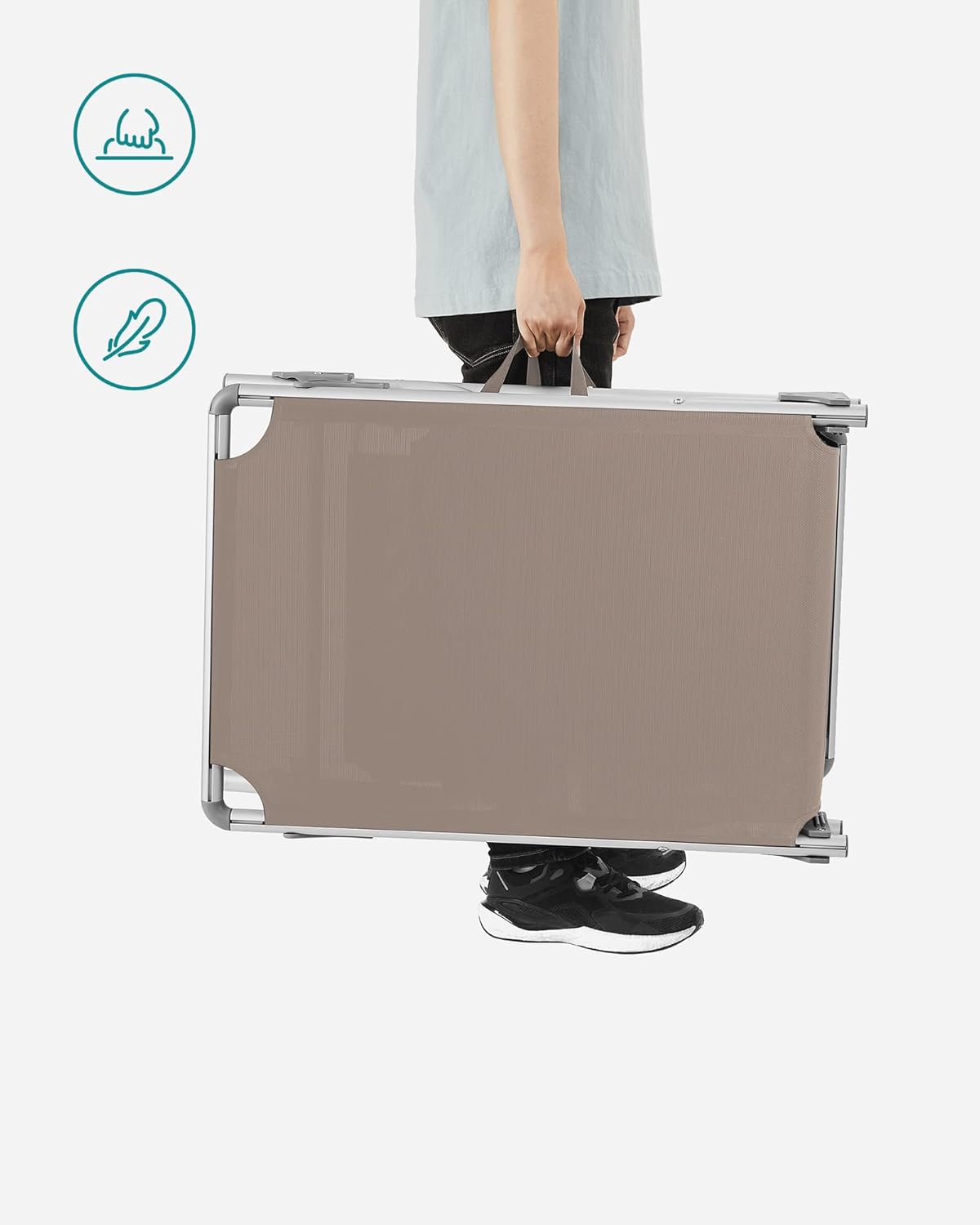 SONGMICS Sezlong pliabil, cu parasolar, spatar reglabil in 5 pozitii, maxim 150kg, 193x55x31cm, taupe