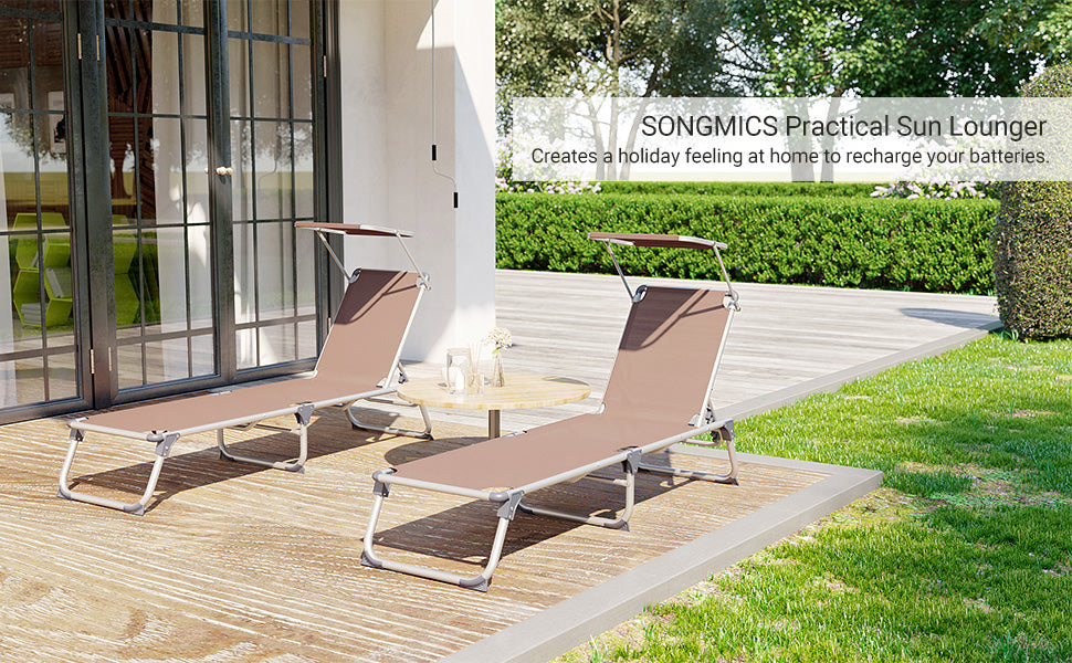 SONGMICS Sezlong pliabil, cu parasolar, spatar reglabil in 5 pozitii, maxim 150kg, 193x55x31cm, taupe