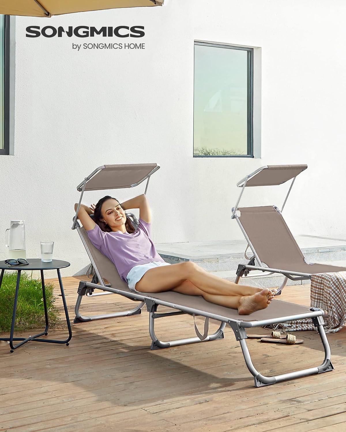SONGMICS Sezlong pliabil, cu parasolar, spatar reglabil in 5 pozitii, maxim 150kg, 193x55x31cm, taupe