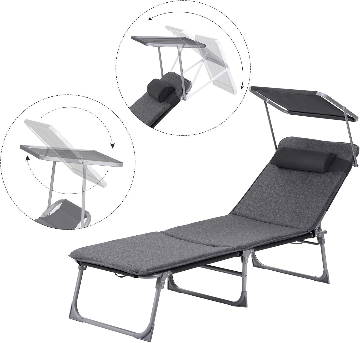 SONGMICS Sezlong pliabil, cu saltea, parasolar si tetiera, spatar reglabil in 4 pozitii, maxim 150kg, 193x53x30 cm, gri
