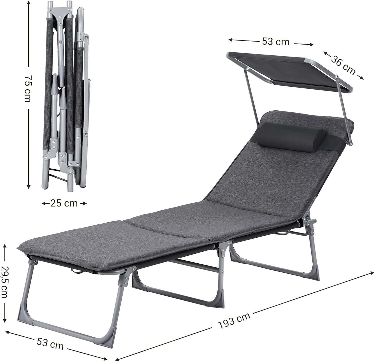 SONGMICS Sezlong pliabil, cu saltea, parasolar si tetiera, spatar reglabil in 4 pozitii, maxim 150kg, 193x53x30 cm, gri