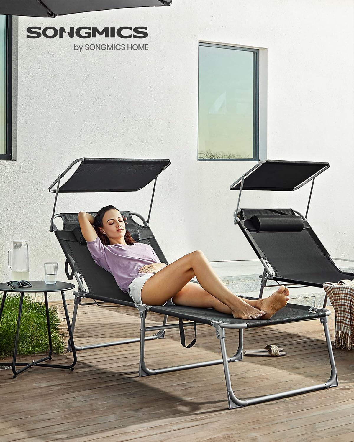 SONGMICS Sezlong pliabil, cu parasolar si tetiera, spatar reglabil in 4 pozitii, maxim 150kg, 200x71x38cm, negru