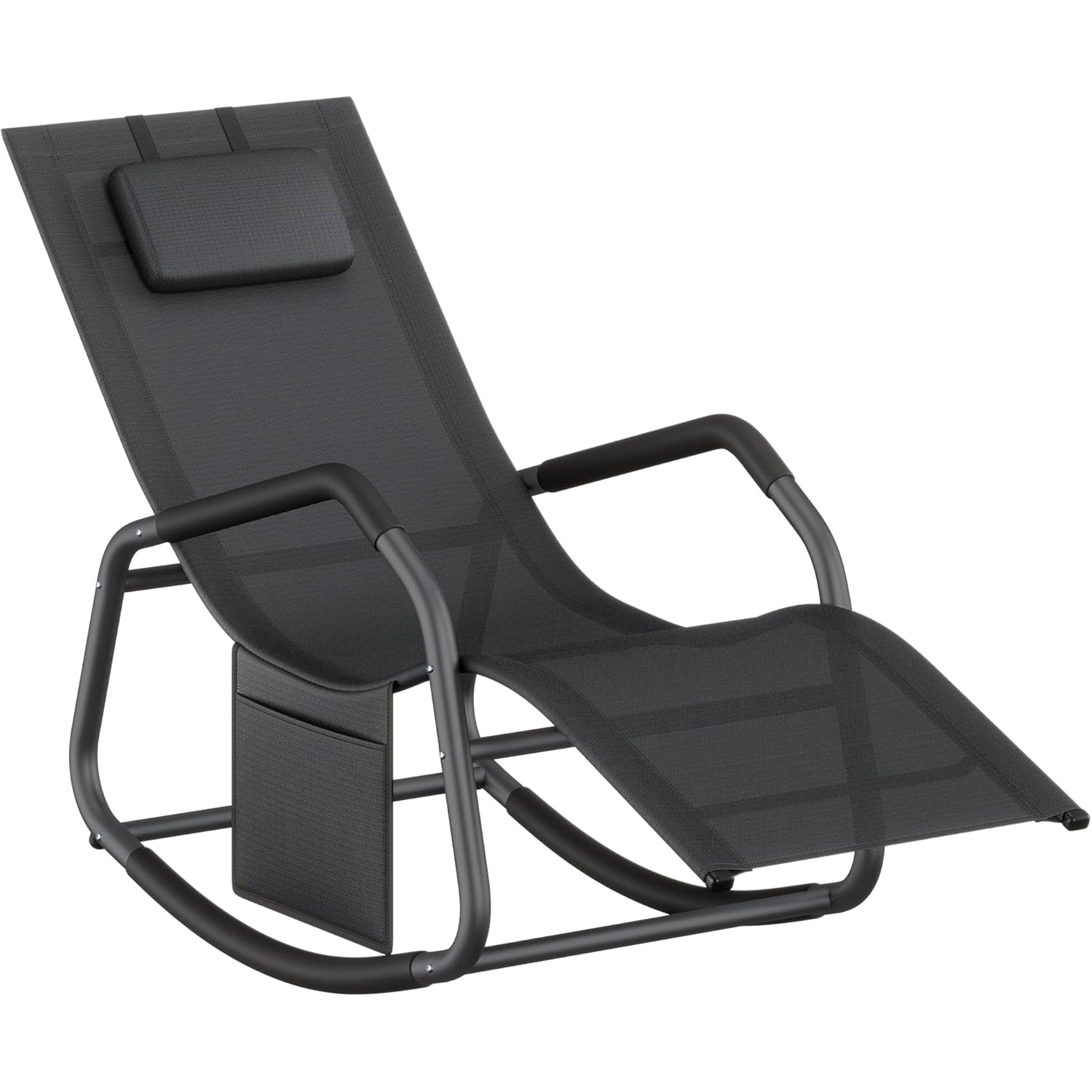 SONGMICS Sezlong balansoar gradina, cu tetiera reglabila si buzunar lateral, cadru otel, maxim 150 kg, 151x56x97 cm, negru