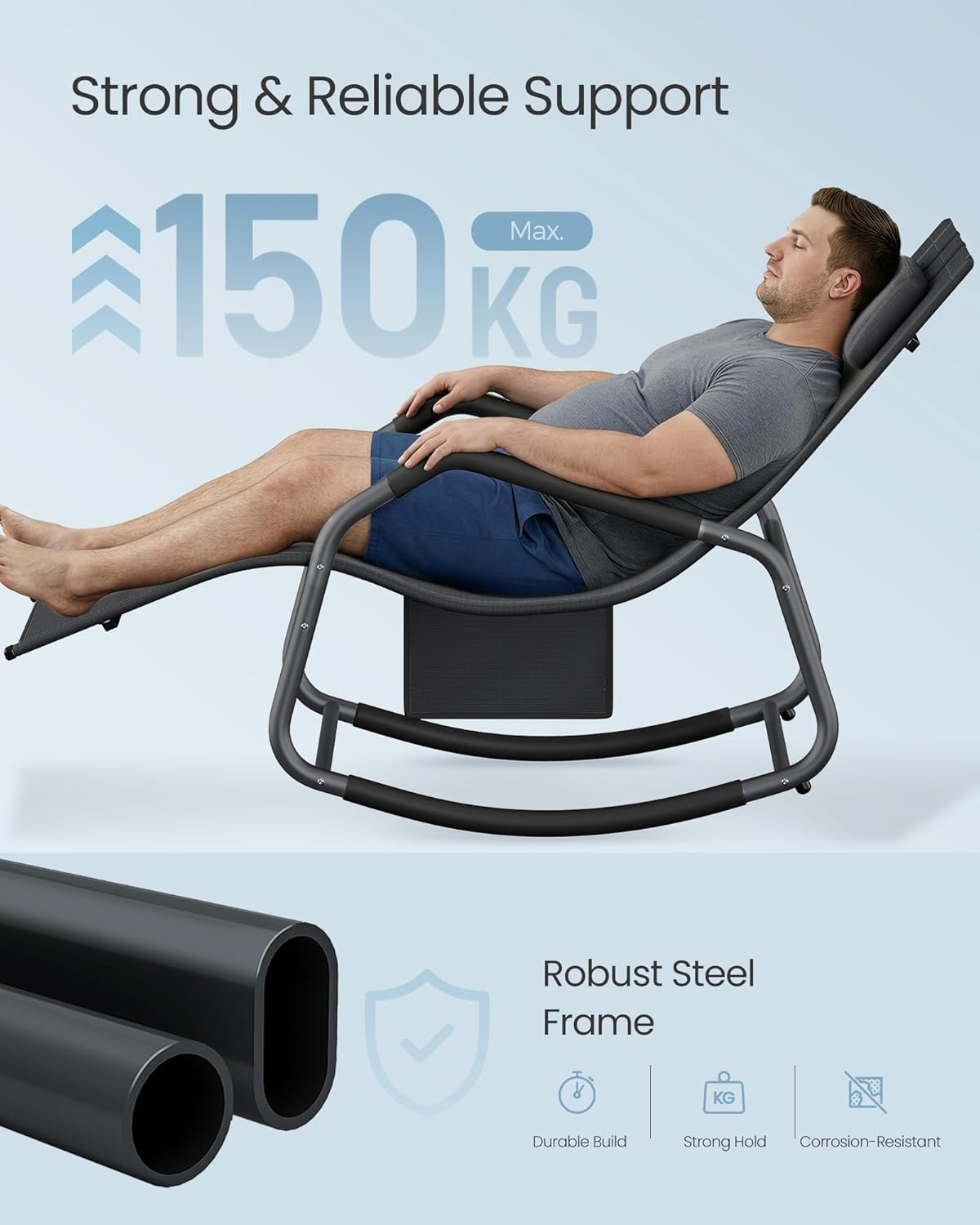 SONGMICS Sezlong balansoar gradina, cu tetiera reglabila si buzunar lateral, cadru otel, maxim 150 kg, 151x56x97 cm, negru