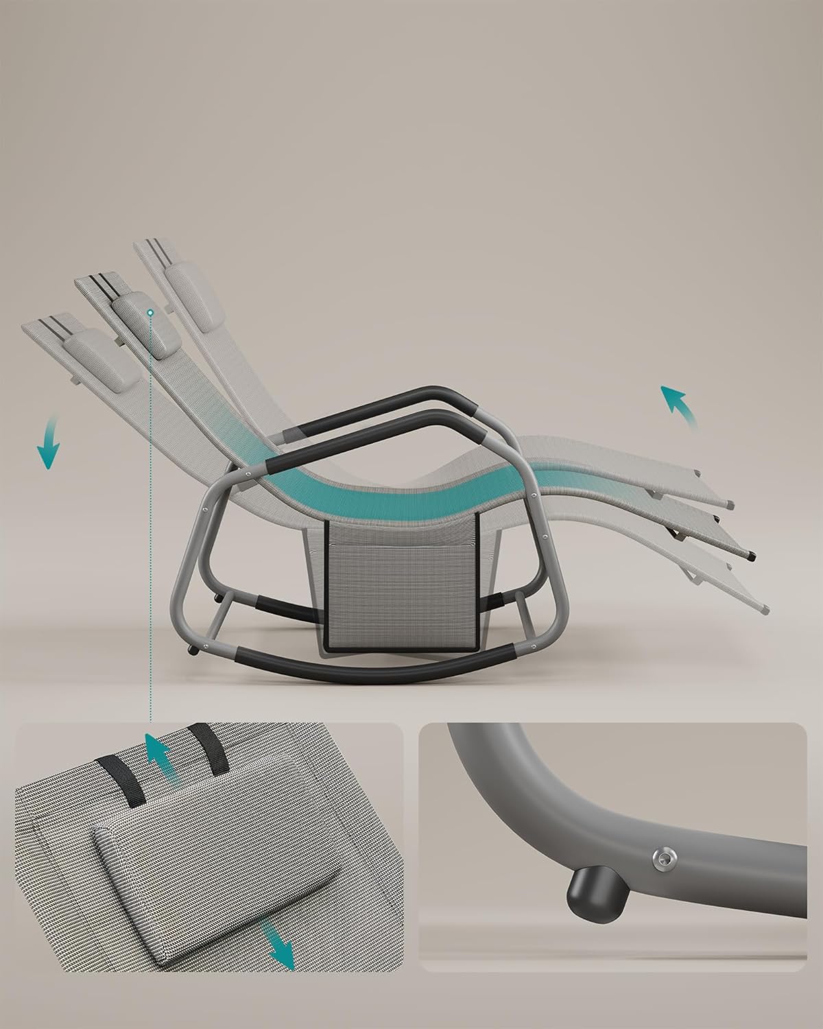 SONGMICS Sezlong balansoar gradina, cu tetiera reglabila si buzunar lateral, cadru otel, maxim 150 kg, 151x56x97 cm, gri