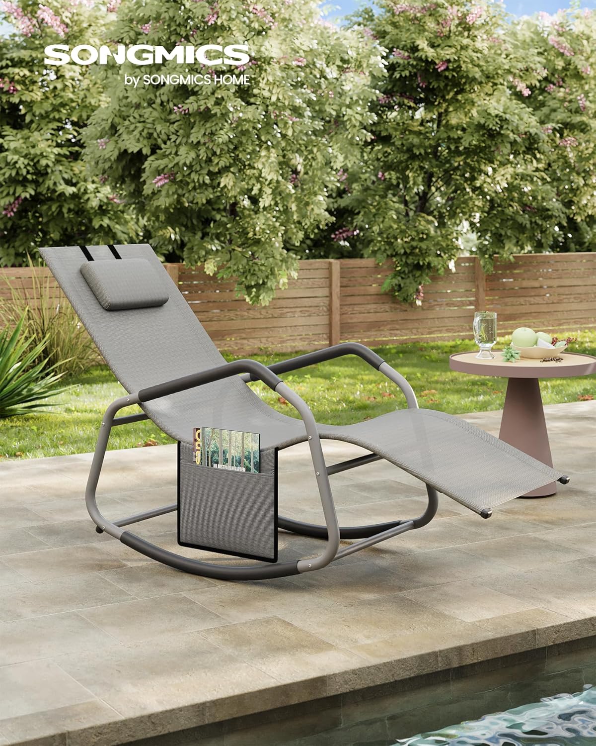 SONGMICS Sezlong balansoar gradina, cu tetiera reglabila si buzunar lateral, cadru otel, maxim 150 kg, 151x56x97 cm, gri