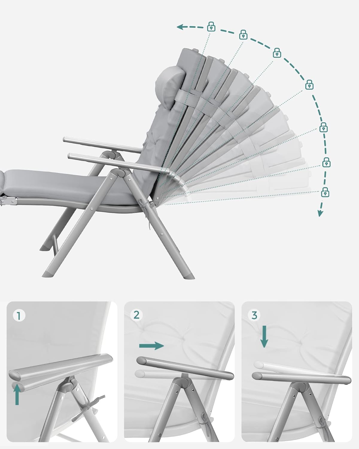 SONGMICS Sezlong pliabil, cu saltea groasa si tetiera, spatar reglabil, maxim 150kg, 183x60x39cm, gri