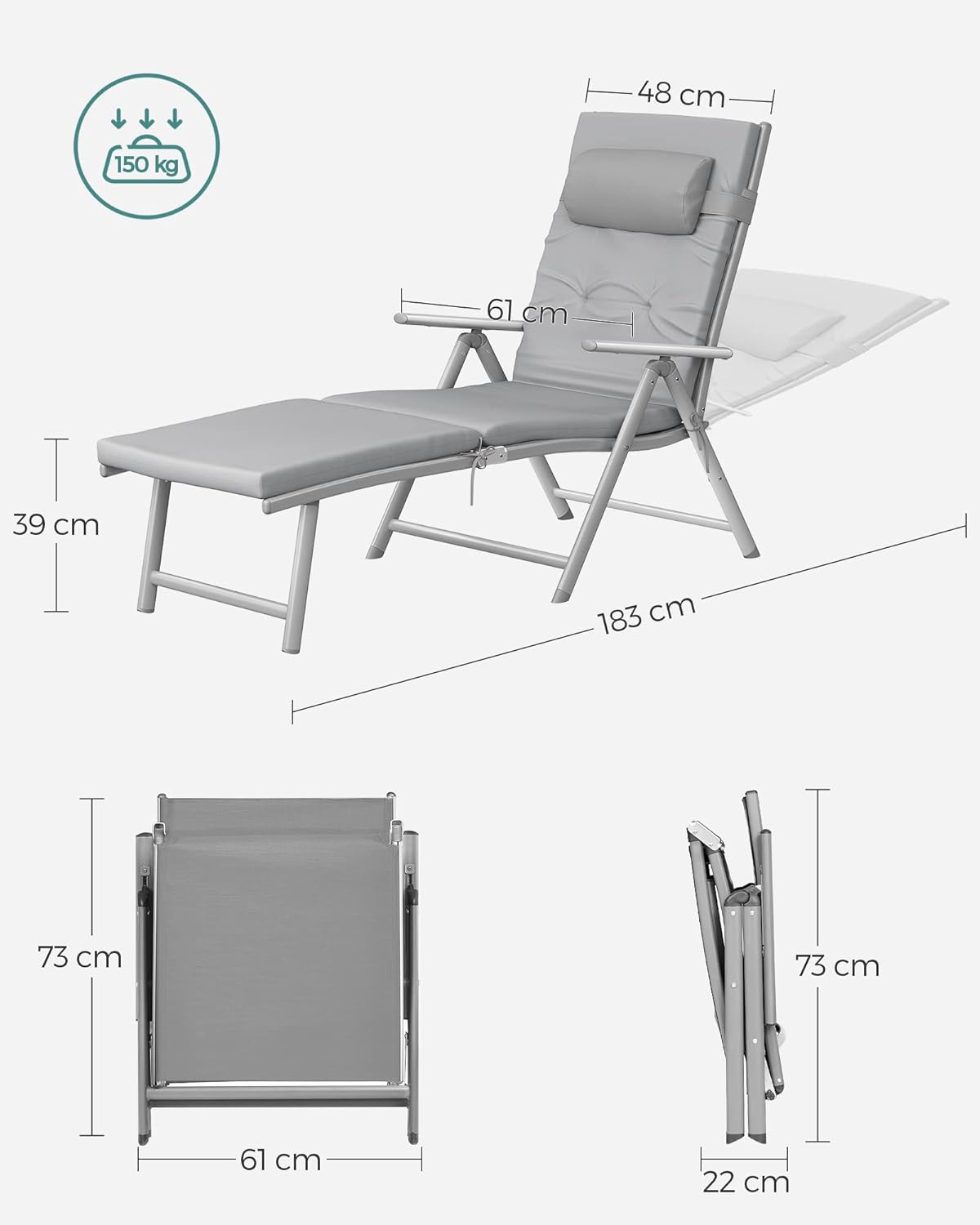 SONGMICS Sezlong pliabil, cu saltea groasa si tetiera, spatar reglabil, maxim 150kg, 183x60x39cm, gri