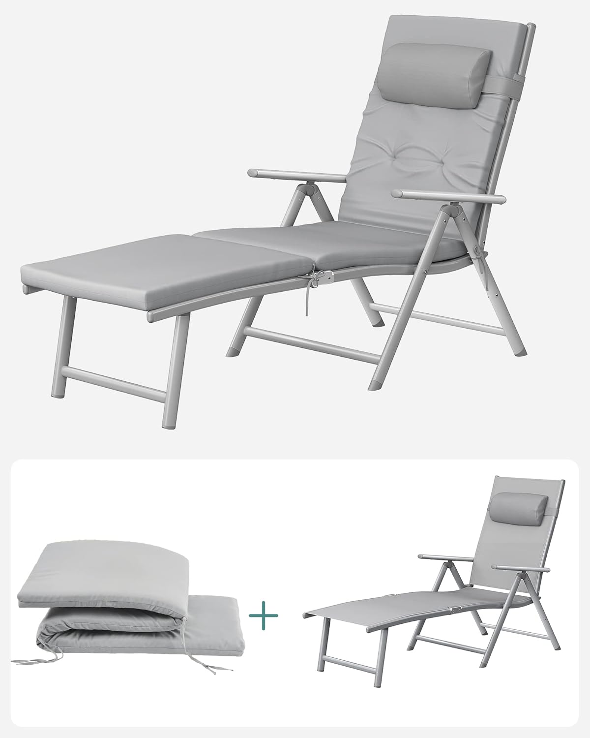 SONGMICS Sezlong pliabil, cu saltea groasa si tetiera, spatar reglabil, maxim 150kg, 183x60x39cm, gri