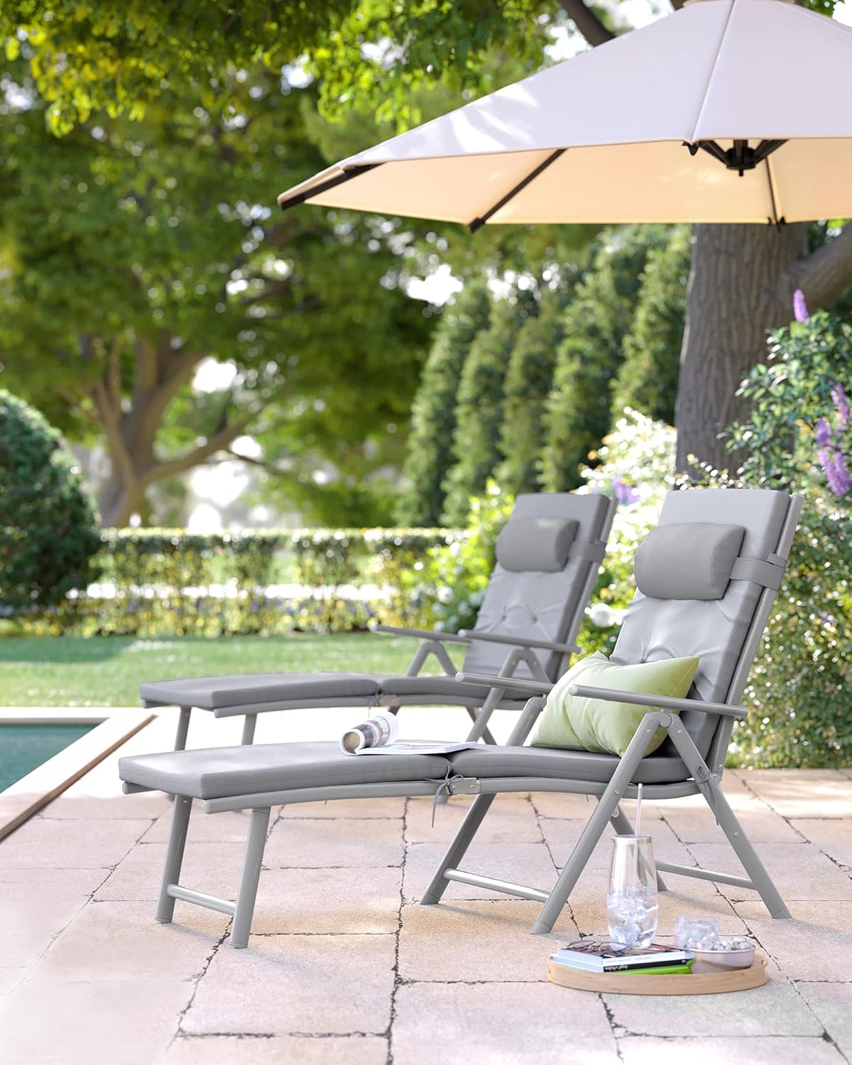 SONGMICS Sezlong pliabil, cu saltea groasa si tetiera, spatar reglabil, maxim 150kg, 183x60x39cm, gri