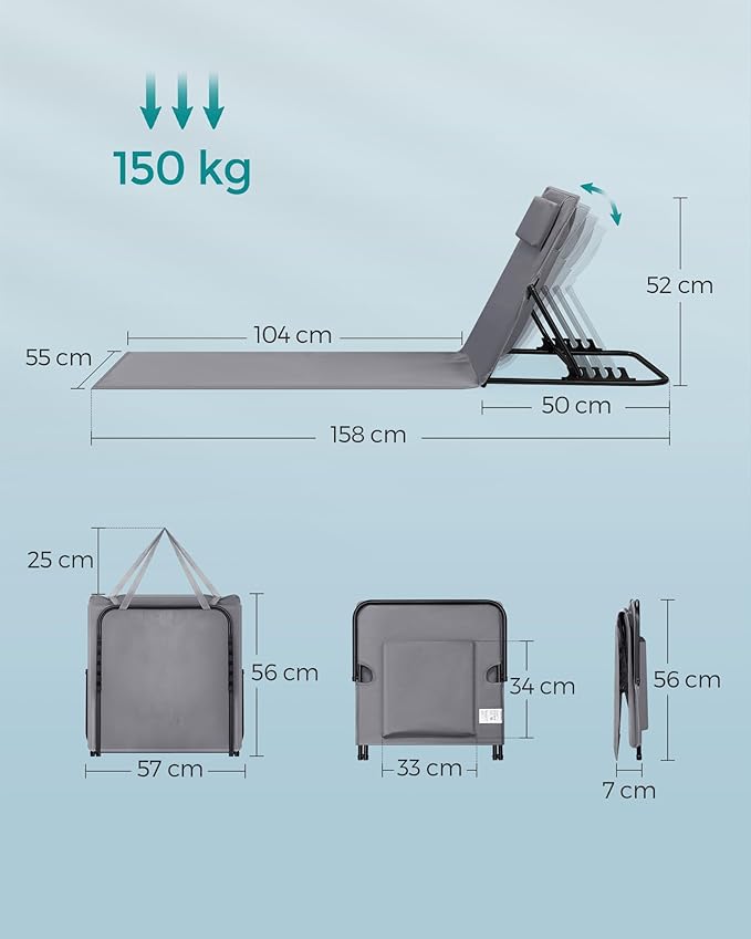 SONGMICS Set 2 sezlonguri plaja pliabile, spatar reglabil in 4 pozitii, tetiera, buzunar depozitare, 158x55 cm, gri