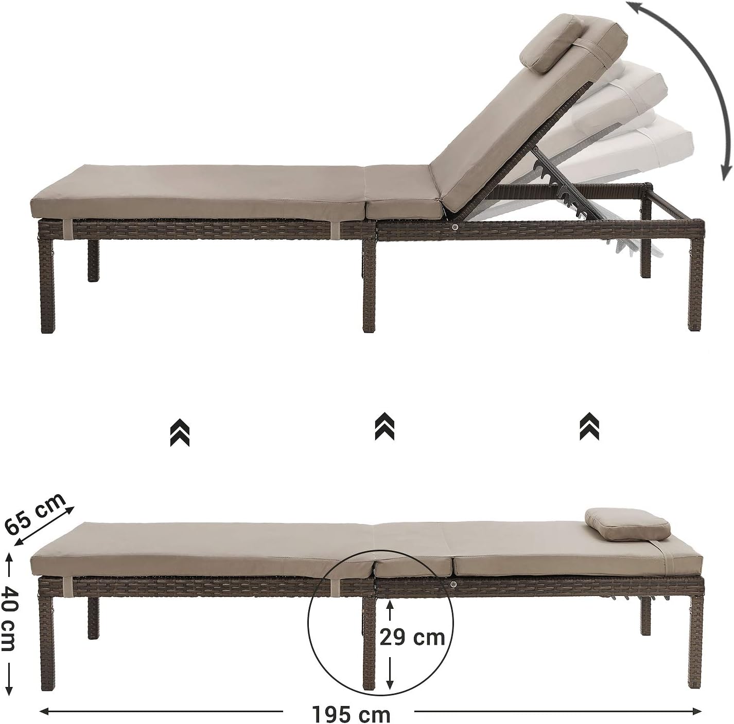 SONGMICS Sezlong gradina cu saltea groasa si tetiera, ratan PE si metal, maxim 150 kg, 195x65x40 cm, maro